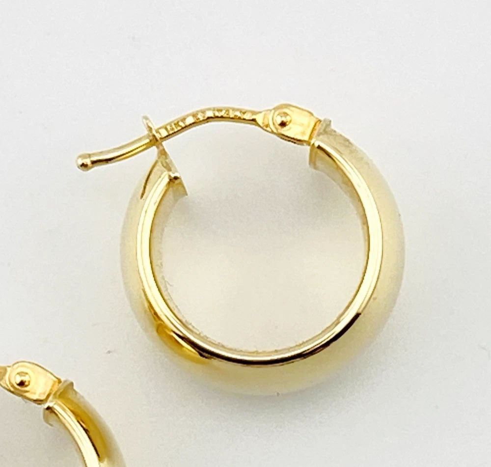 Wide polished 14K yellow gold Italian huggie hoop earrings with hinged posts
