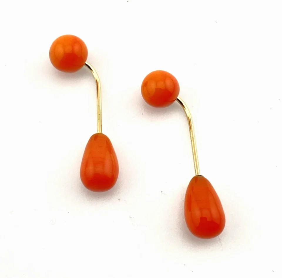 Vintage orange-red coral front-back earrings with curved 14K gold connectors