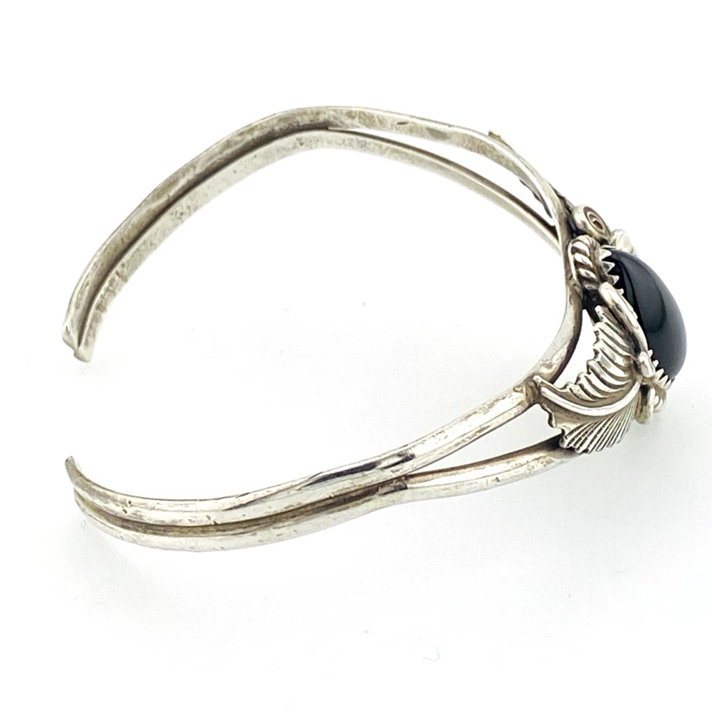 Native American Sterling Silver Feather Black Onyx Cuff Bracelet Signed J