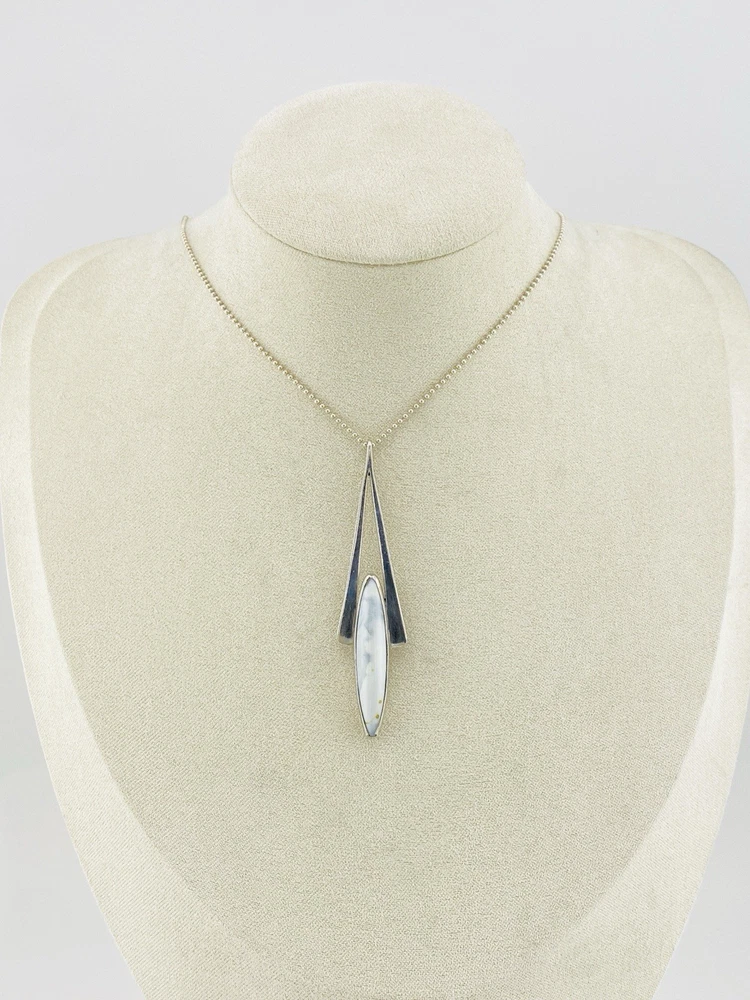 Vintage Modernist sterling silver arrowhead pendant necklace with marquise larimar, artist signed JR
