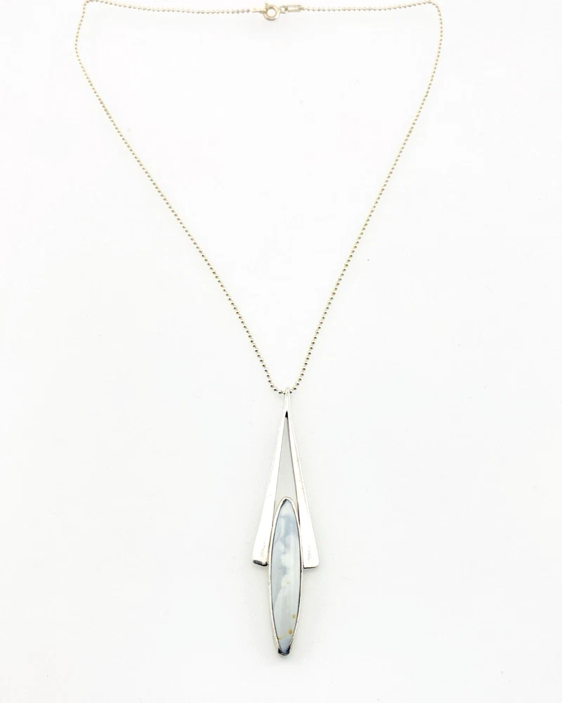 Vintage Modernist sterling silver arrowhead pendant necklace with marquise larimar, artist signed JR