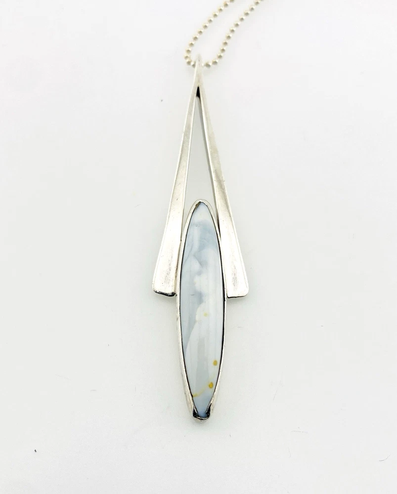 Vintage Modernist sterling silver arrowhead pendant necklace with marquise larimar, artist signed JR