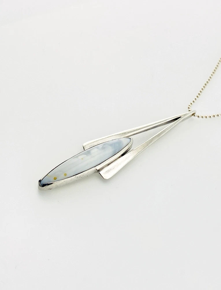 Vintage Modernist sterling silver arrowhead pendant necklace with marquise larimar, artist signed JR