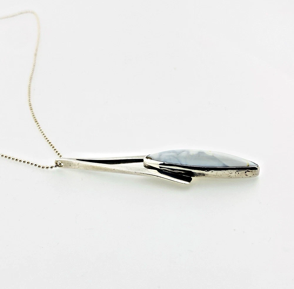 Vintage Modernist sterling silver arrowhead pendant necklace with marquise larimar, artist signed JR