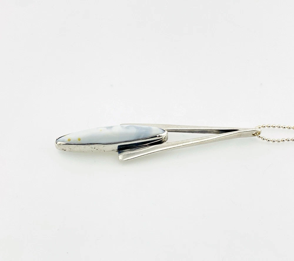 Vintage Modernist sterling silver arrowhead pendant necklace with marquise larimar, artist signed JR