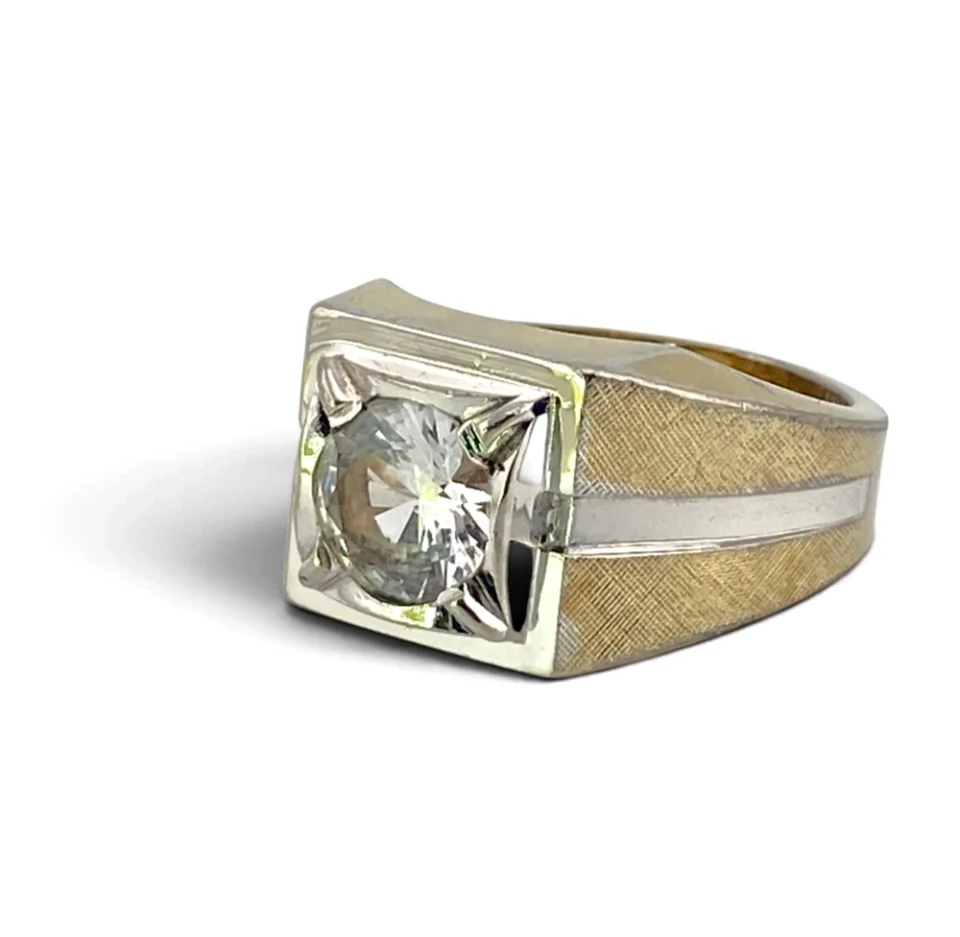 Vintage ESPO two-tone gold-filled men's ring with flush-set colorless sapphire and architectural square bezel