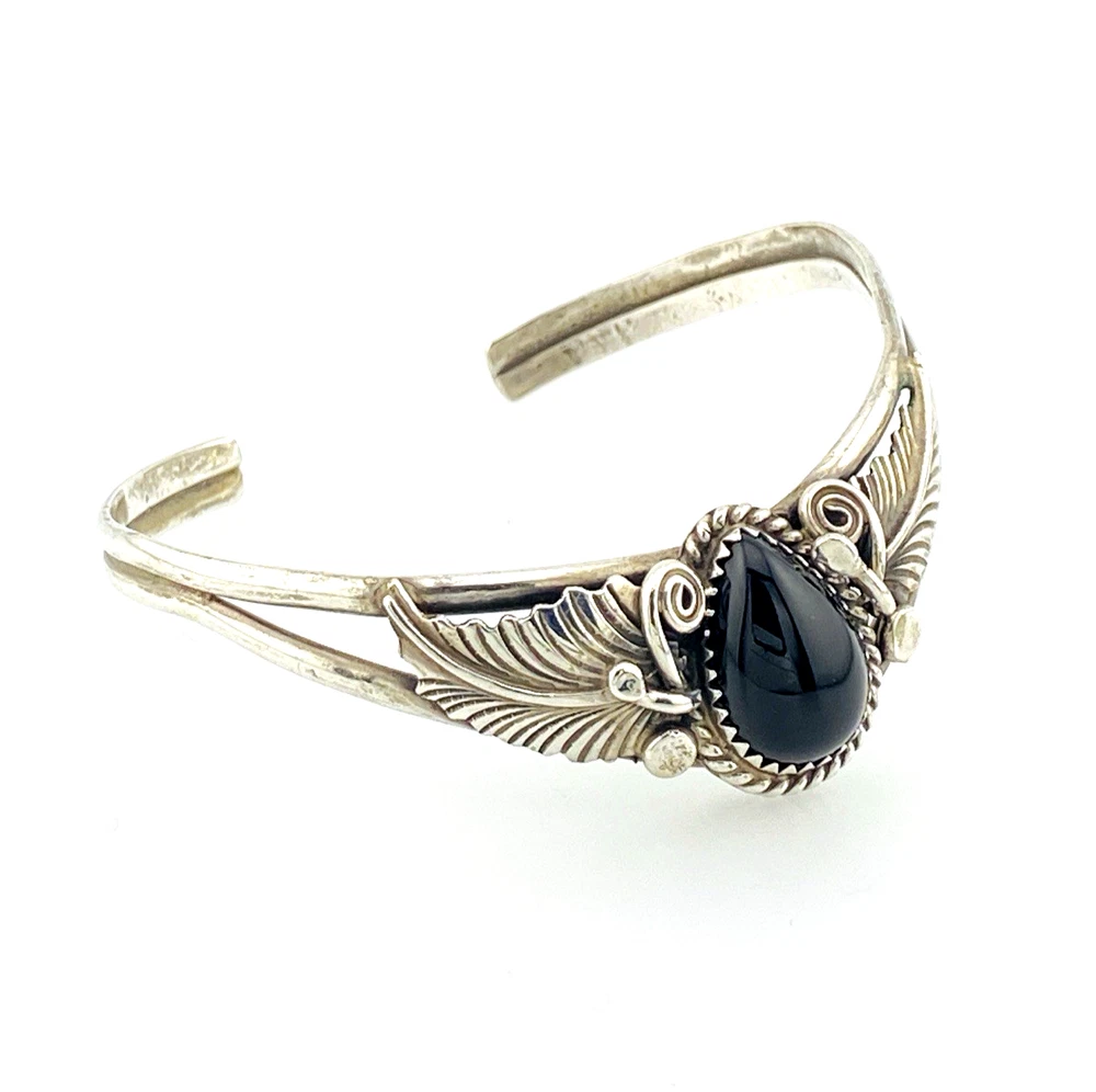 Native American Sterling Silver Feather Black Onyx Cuff Bracelet Signed J