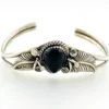 Native American Sterling Silver Feather Black Onyx Cuff Bracelet Signed J