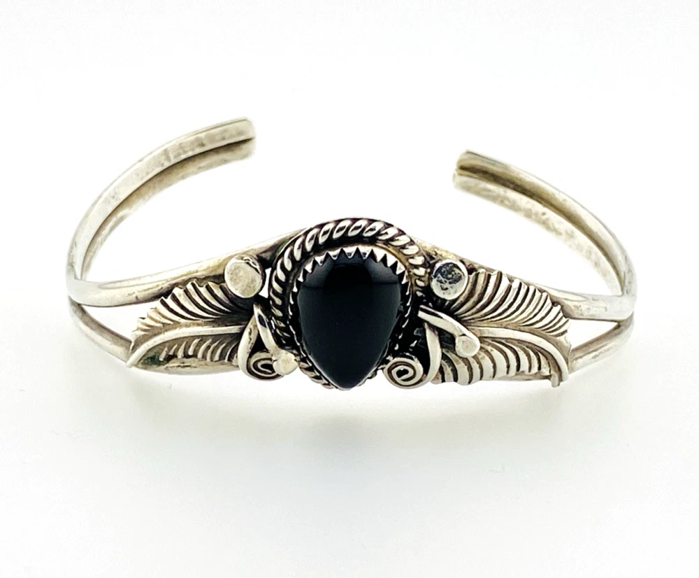 Native American Sterling Silver Feather Black Onyx Cuff Bracelet Signed J