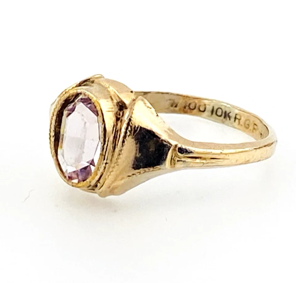 Vintage McGrath-Hamin rolled gold plate signet ring with oval lavender glass