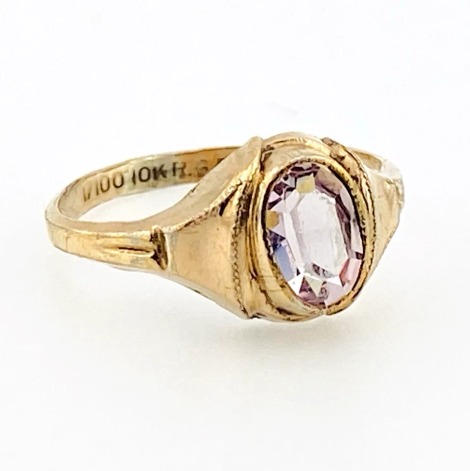 Vintage McGrath-Hamin rolled gold plate signet ring with oval lavender glass