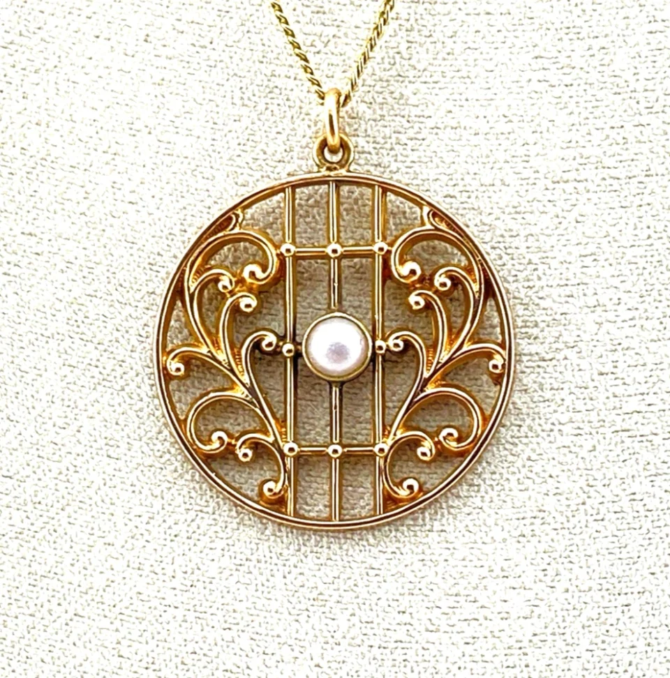 Antique Edwardian Pearl Rose Gold Filled Openwork Pendant Necklace