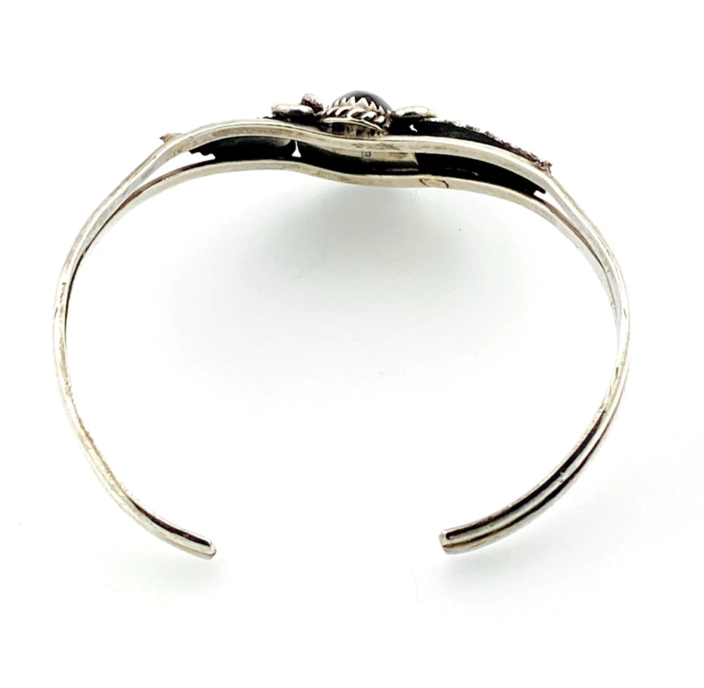 Native American Sterling Silver Feather Black Onyx Cuff Bracelet Signed J
