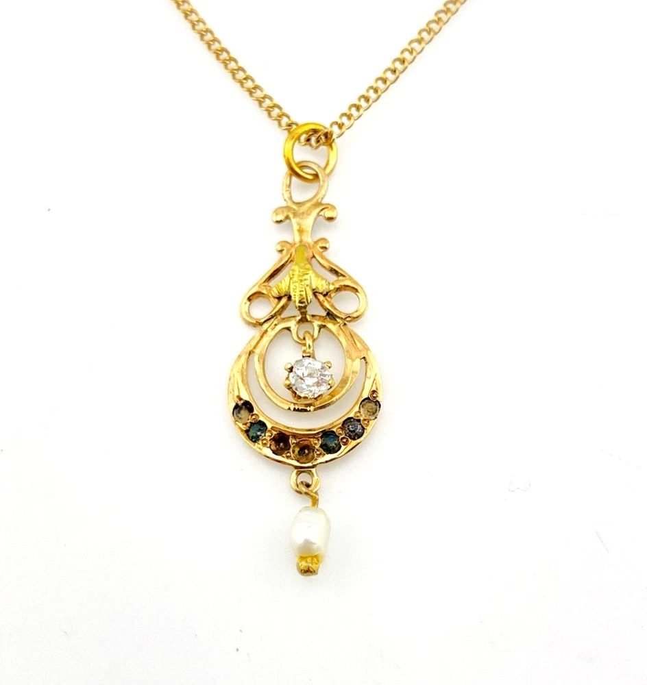 Antique Edwardian 9K Gold Pearl Lavalier Pendant Necklace
