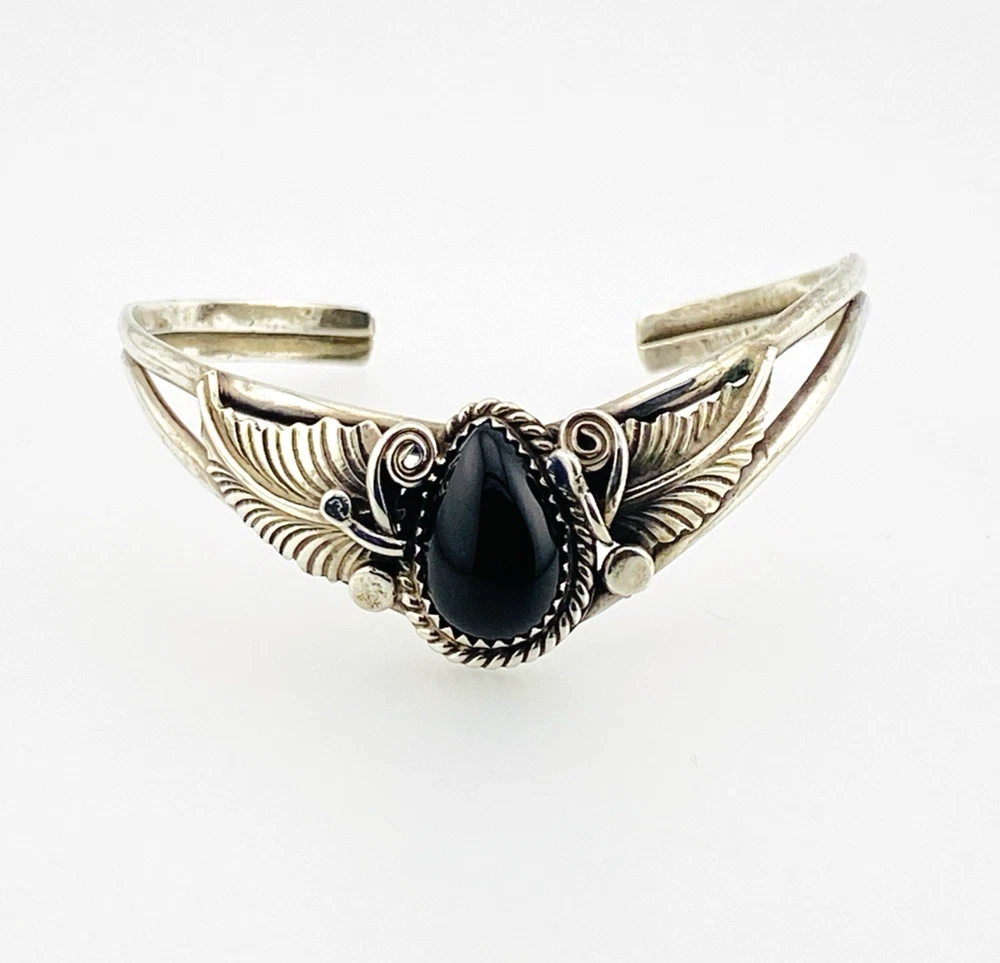 Native American Sterling Silver Feather Black Onyx Cuff Bracelet Signed J