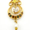 Antique Edwardian solid 9K gold lavaliere pendant with a diamond simulant center, natural baroque pearl drop, and later 12K gold filled chain.