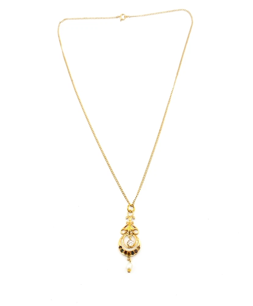 Antique Edwardian solid 9K gold lavaliere pendant with a diamond simulant center, natural baroque pearl drop, and later 12K gold filled chain.