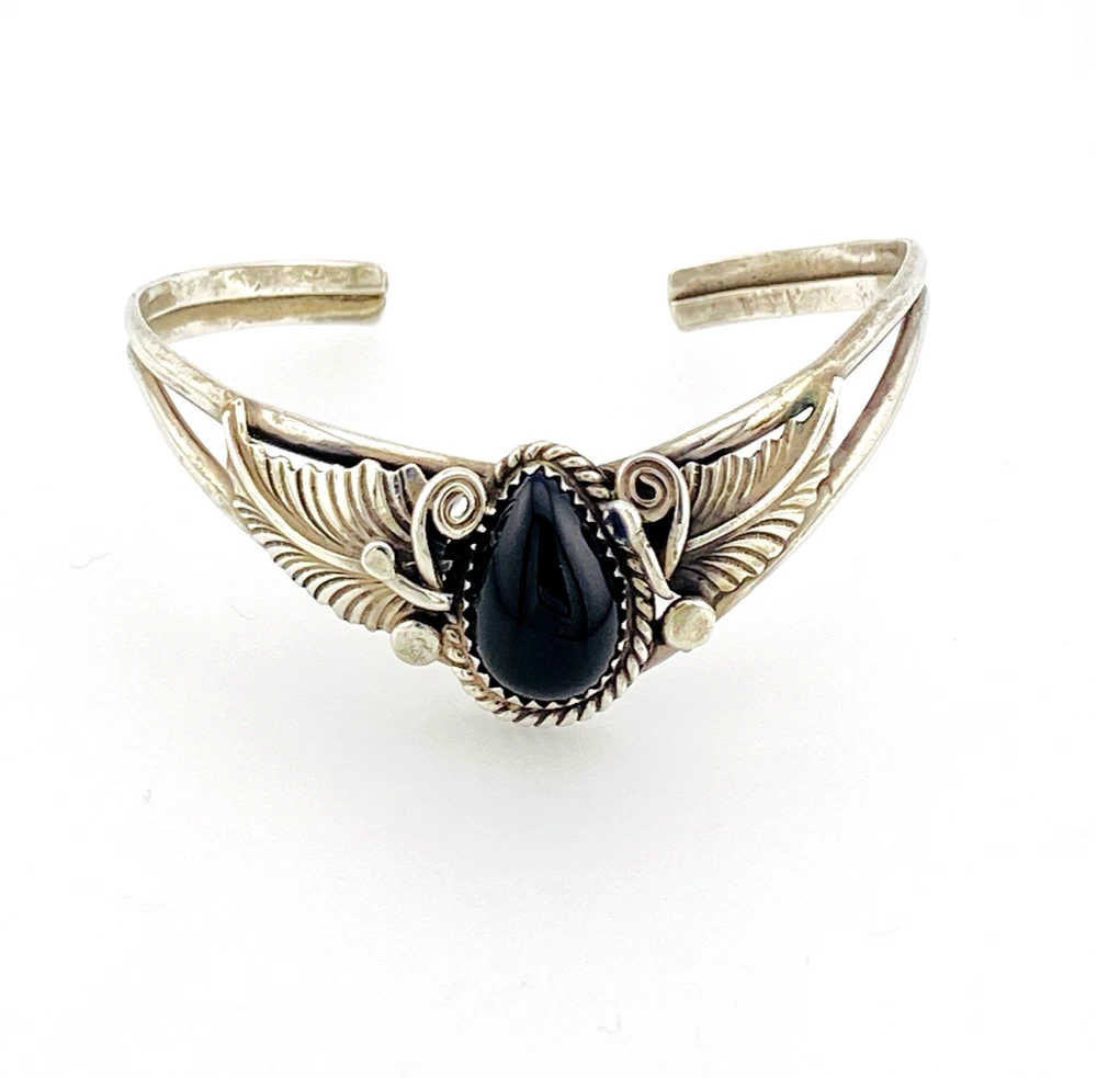 Native American Sterling Silver Feather Black Onyx Cuff Bracelet Signed J