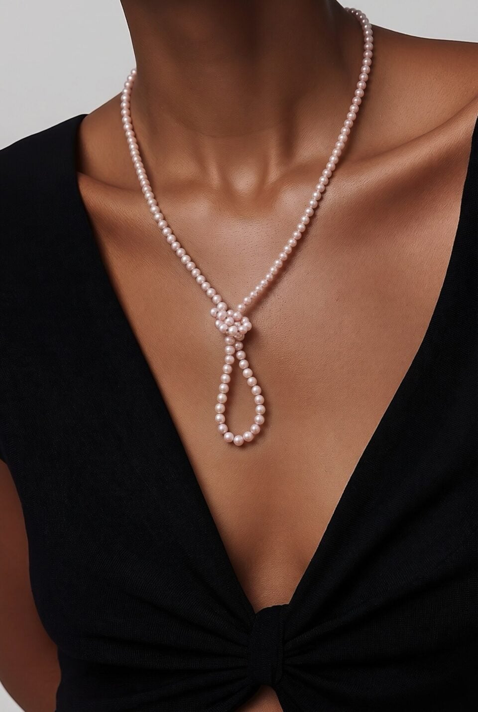Opera length knotted pearls on model