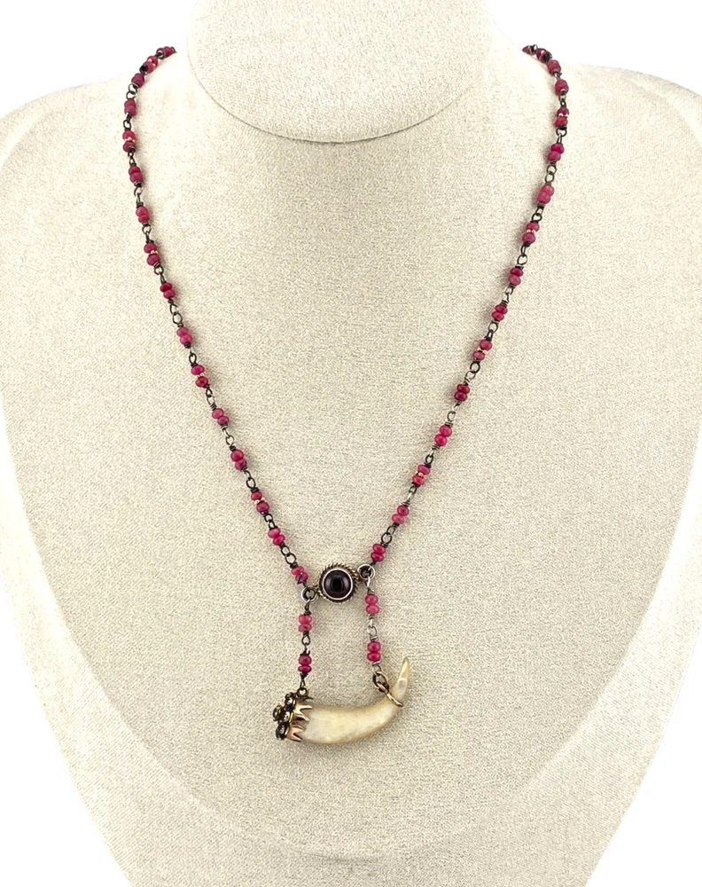 Ruby bead conversion necklace with Victorian mother-of-pearl cornucopia, garnet and antique paste ornament