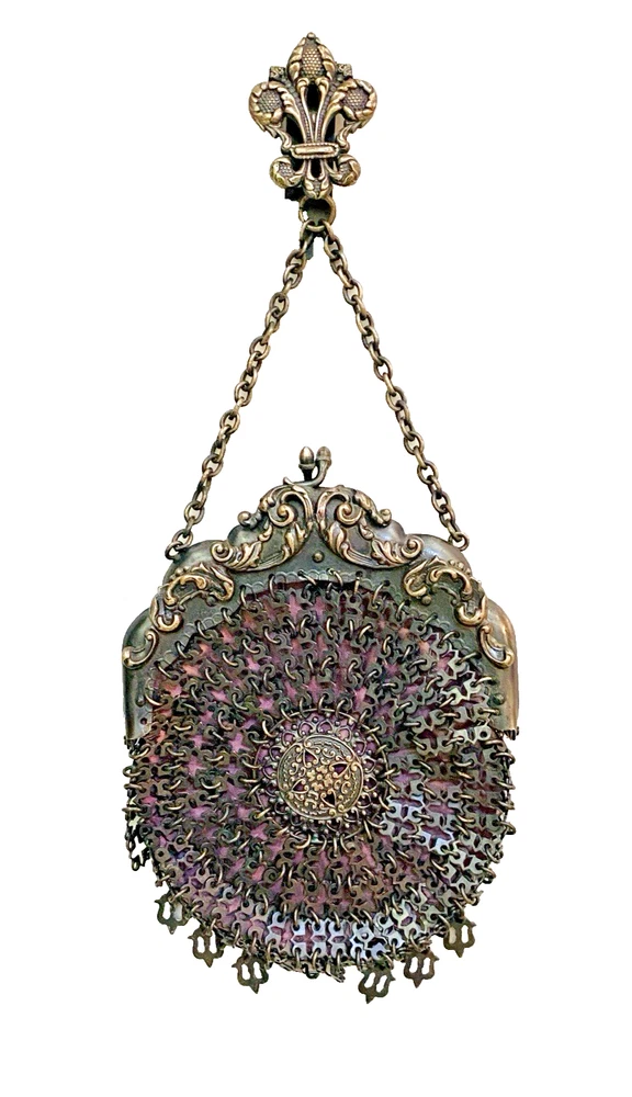 Antique Metal Mesh Chatelaine Purse with Purple Silk and Fleur-de-Lis Clip