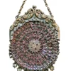 Antique silver-colored chatelaine purse with openwork metal, purple silk lining, fringe, and fleur-de-lis belt clip