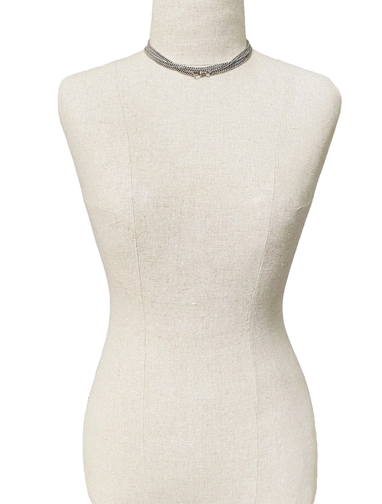 Vintage 63-inch sterling silver curb-link long guard chain with dog clip arranged in three graduated layers
