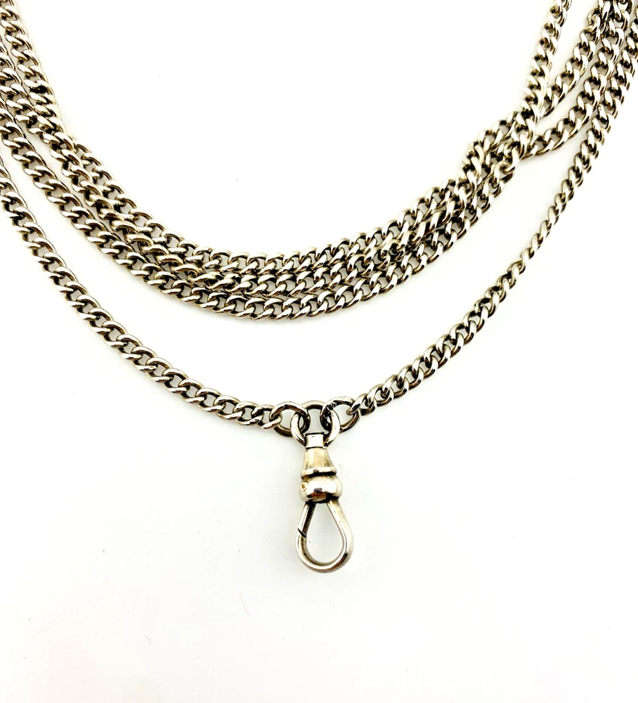 Vintage 63-inch sterling silver curb-link long guard chain with dog clip arranged in three graduated layers