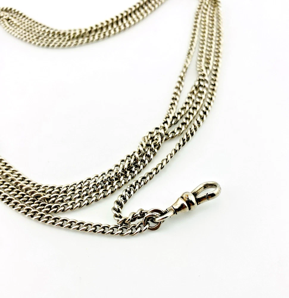 Vintage 63-inch sterling silver curb-link long guard chain with dog clip arranged in three graduated layers