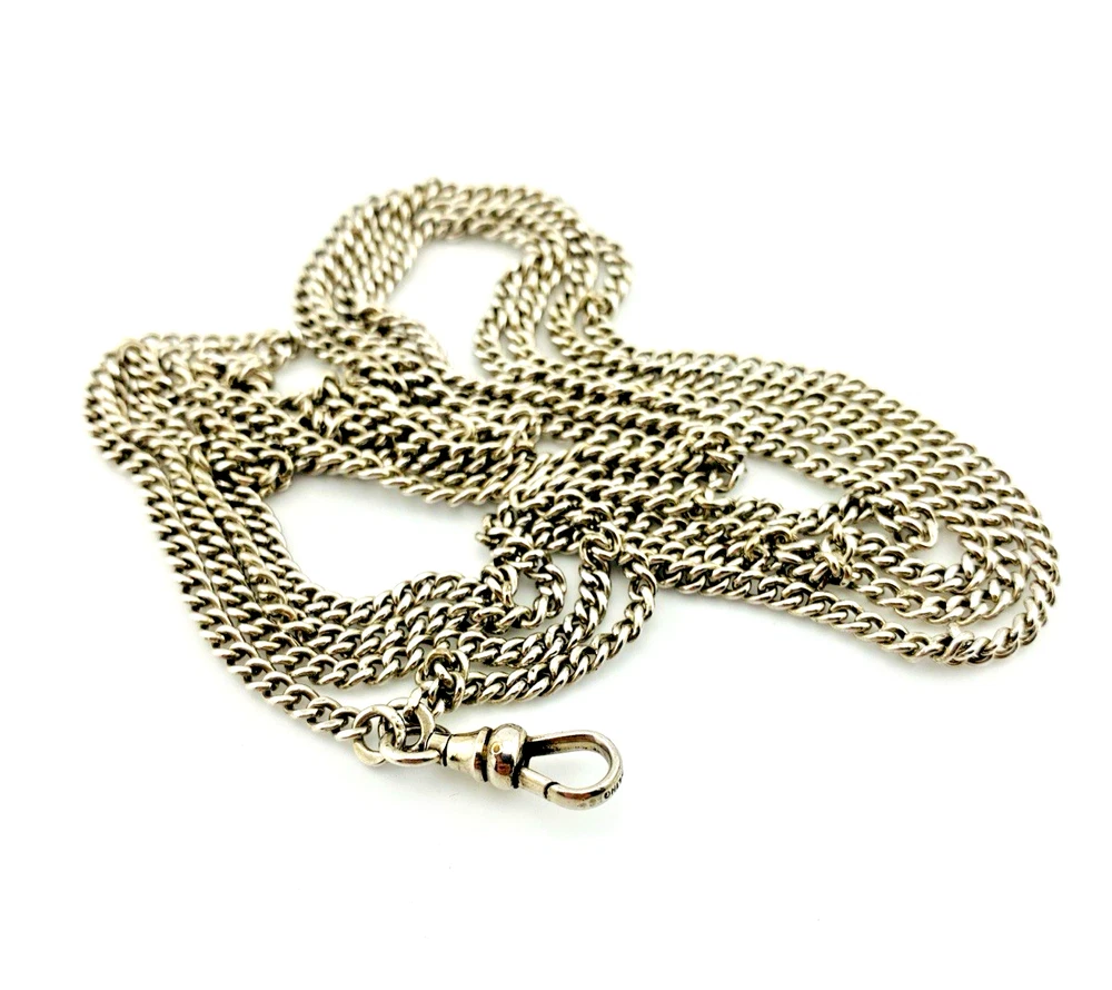 Vintage 63-inch sterling silver curb-link long guard chain with dog clip arranged in three graduated layers