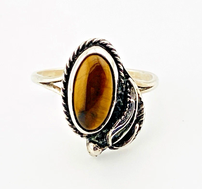 Vintage Native American Tiger Eye Sterling Silver Ring Size 7 1970s