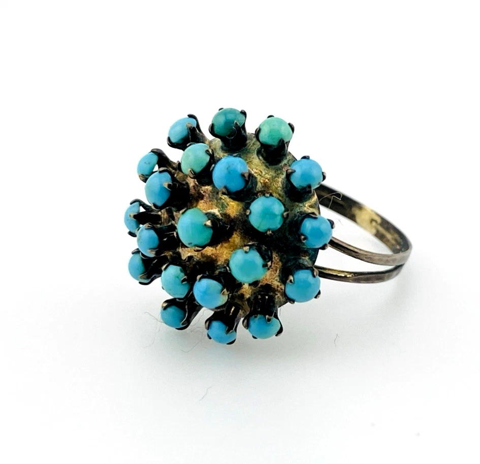 Sterling silver Sputnik dome ring with 21 raised round turquoise cabochons