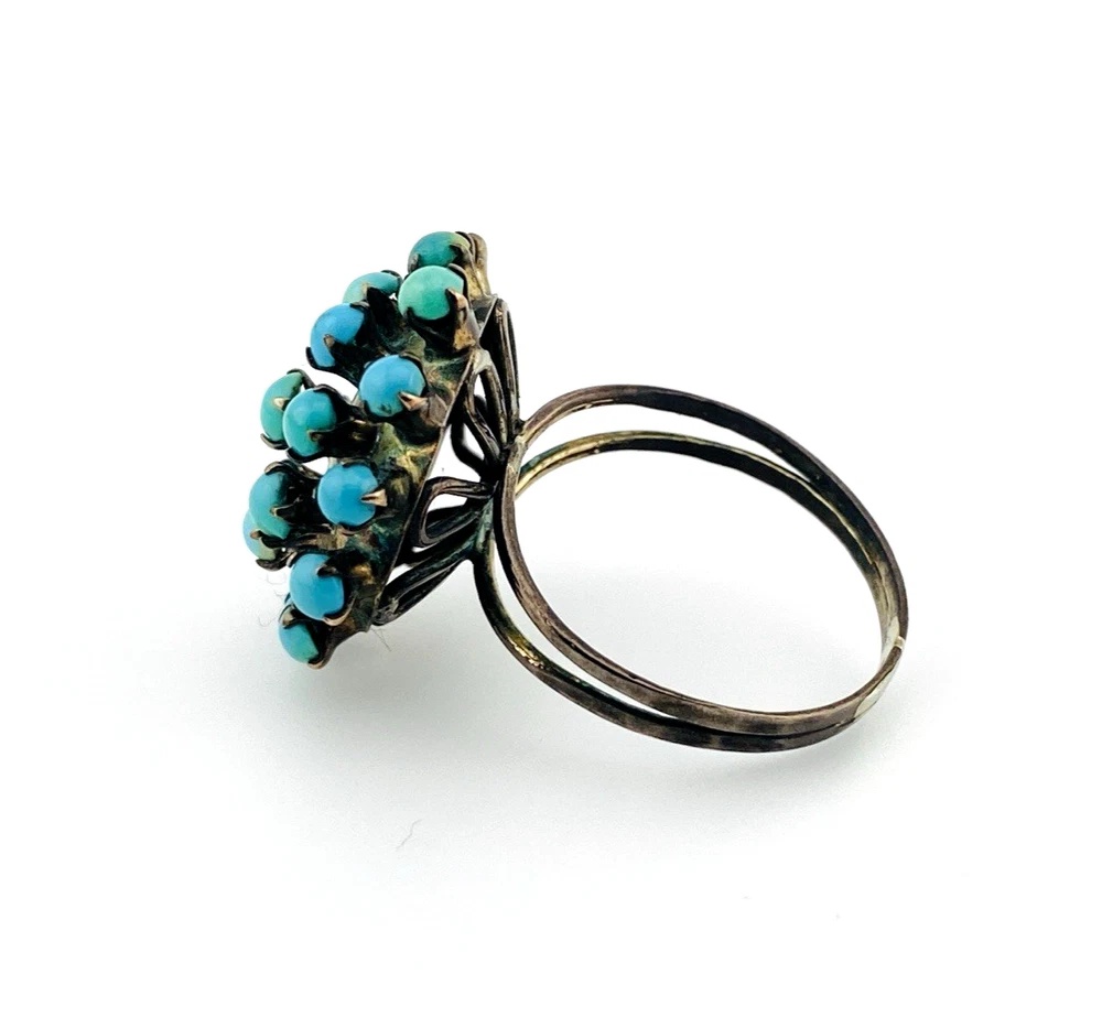 Sterling silver Sputnik dome ring with 21 raised round turquoise cabochons