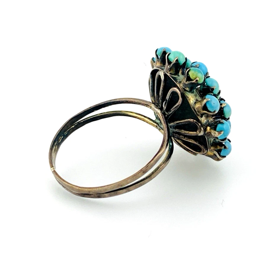 Sterling silver Sputnik dome ring with 21 raised round turquoise cabochons
