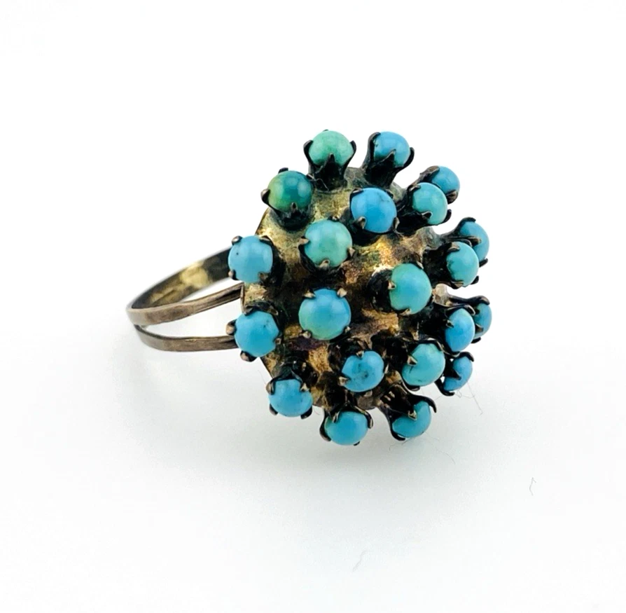 Sterling silver Sputnik dome ring with 21 raised round turquoise cabochons