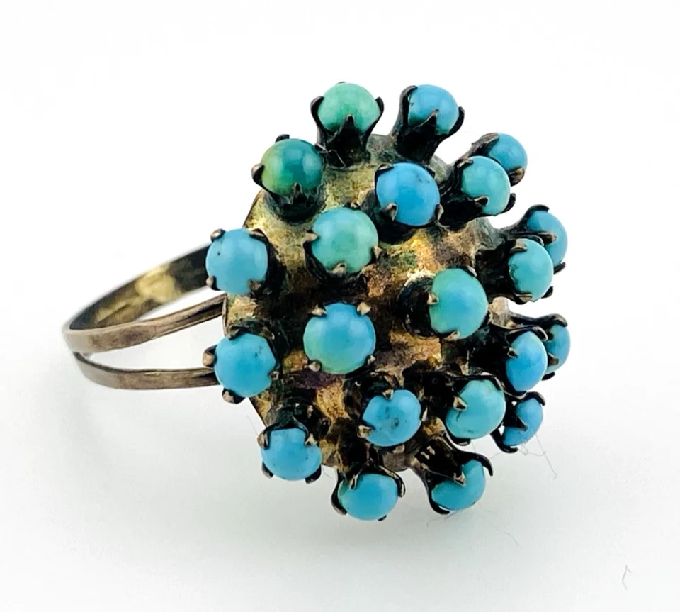 Sterling silver Sputnik dome ring with 21 raised round turquoise cabochons