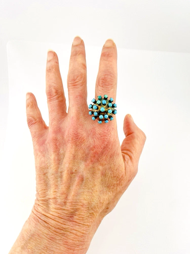 Sterling silver Sputnik dome ring with 21 raised round turquoise cabochons