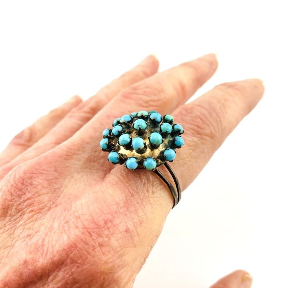 Sterling silver Sputnik dome ring with 21 raised round turquoise cabochons