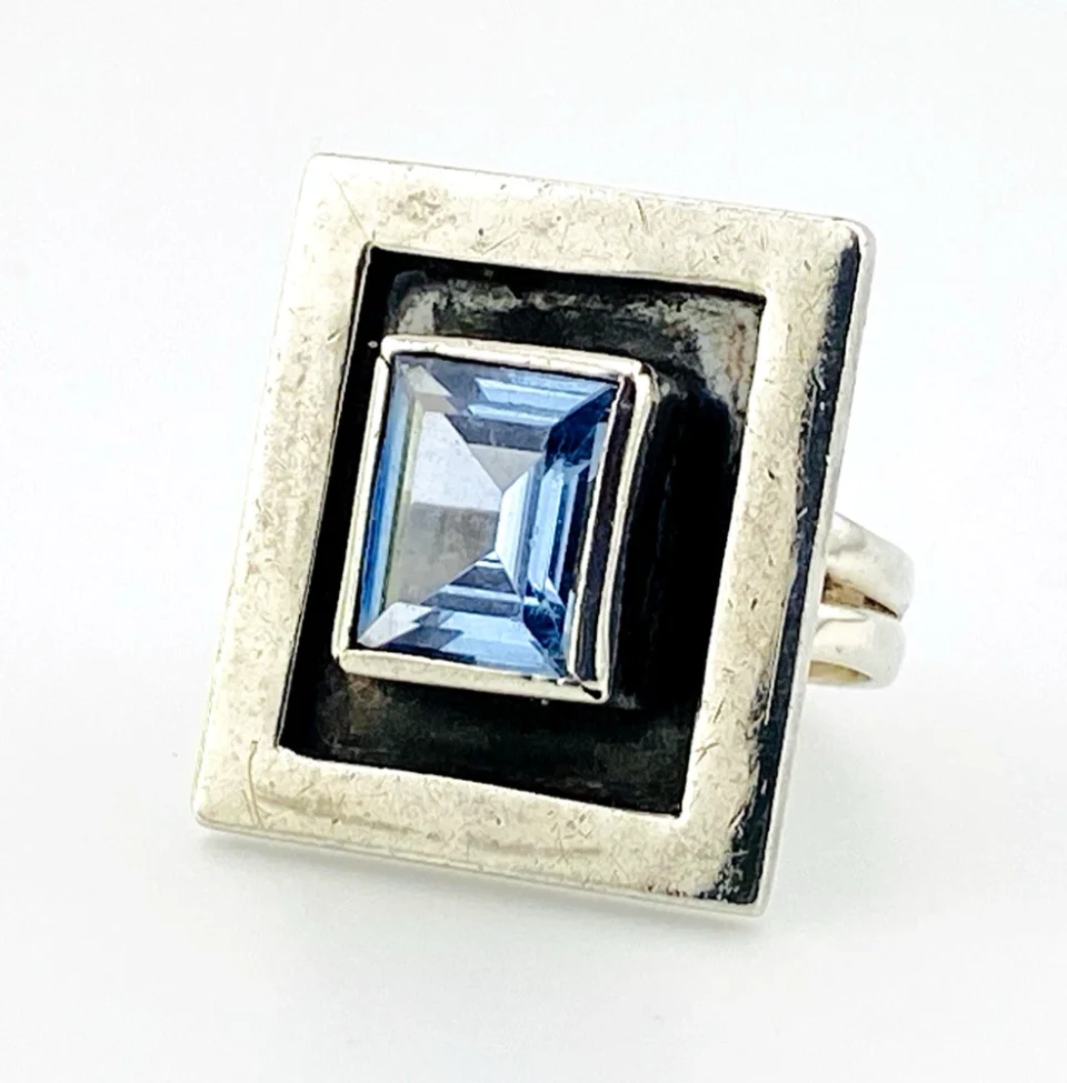 1980s 4 Carat Swiss Blue Topaz Geometric Sterling Silver Ring