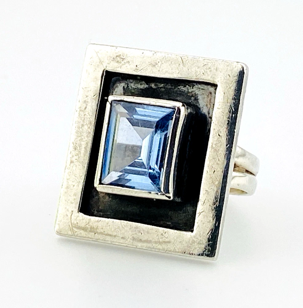 Geometric sterling silver panel ring with emerald-cut Swiss blue topaz