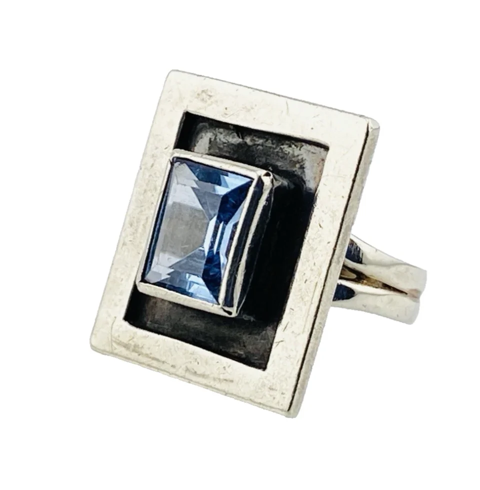 Geometric sterling silver panel ring with emerald-cut Swiss blue topaz