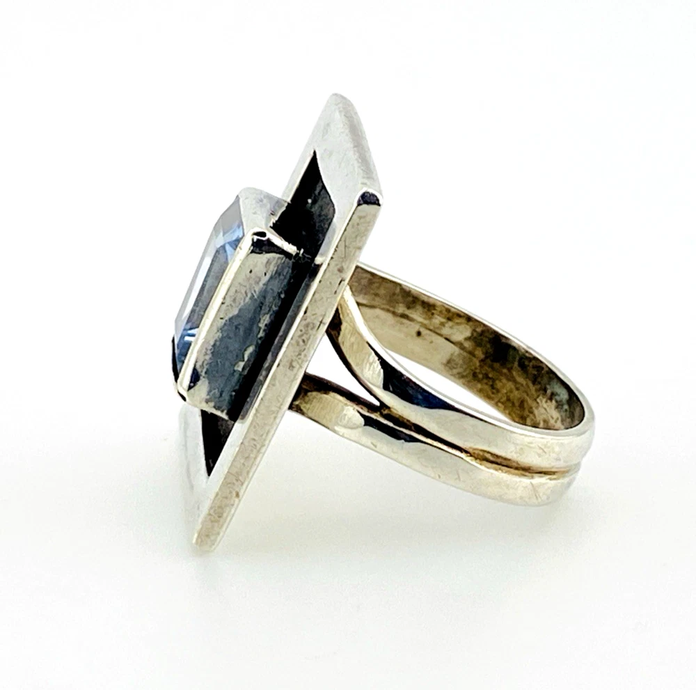Geometric sterling silver panel ring with emerald-cut Swiss blue topaz