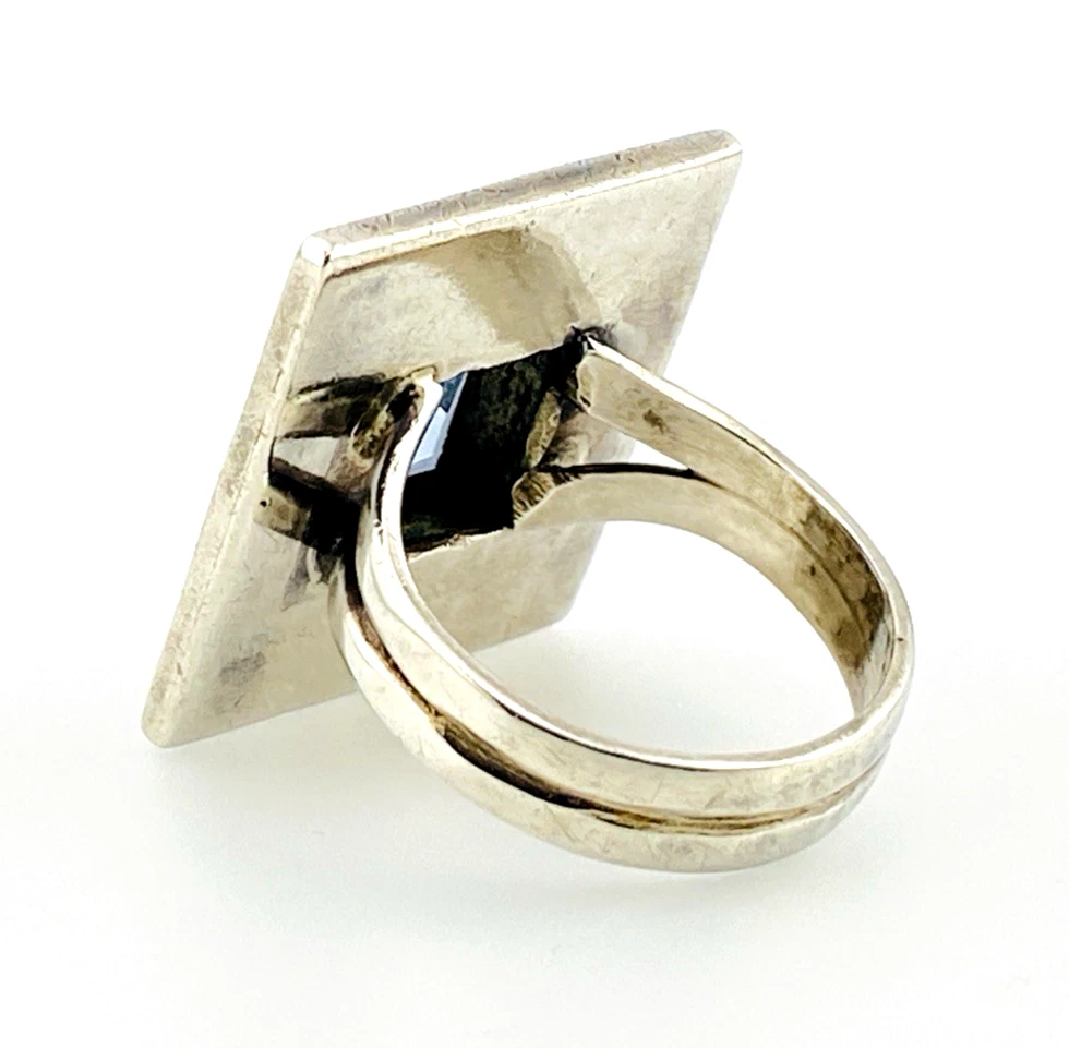 Geometric sterling silver panel ring with emerald-cut Swiss blue topaz