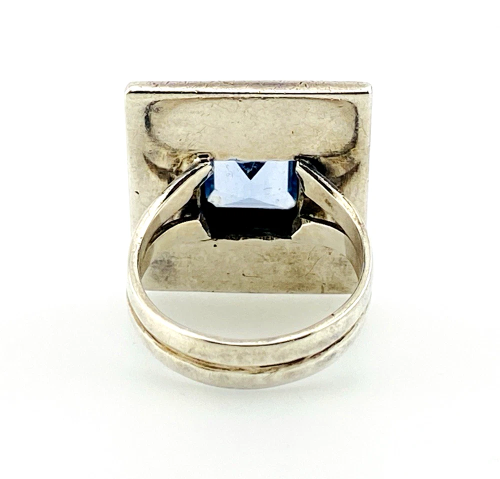 Geometric sterling silver panel ring with emerald-cut Swiss blue topaz