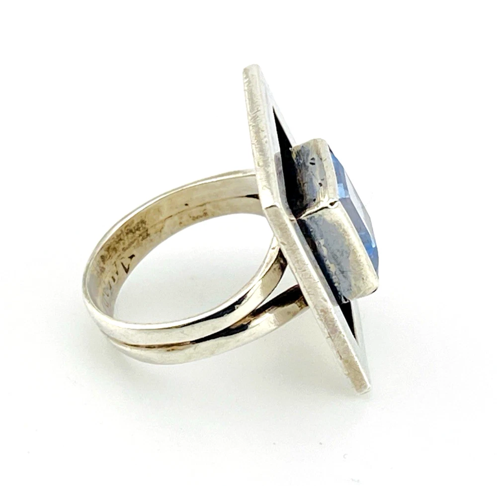 Geometric sterling silver panel ring with emerald-cut Swiss blue topaz