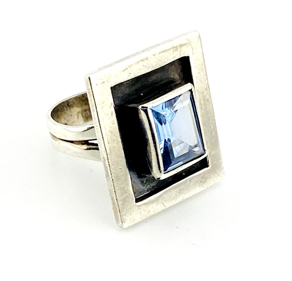 Geometric sterling silver panel ring with emerald-cut Swiss blue topaz