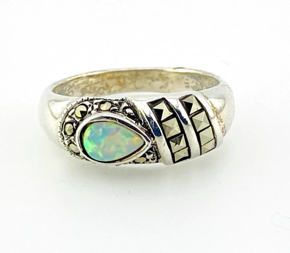 Asymmetrical Opal and Pyramid Marcasite Sterling Silver Ring