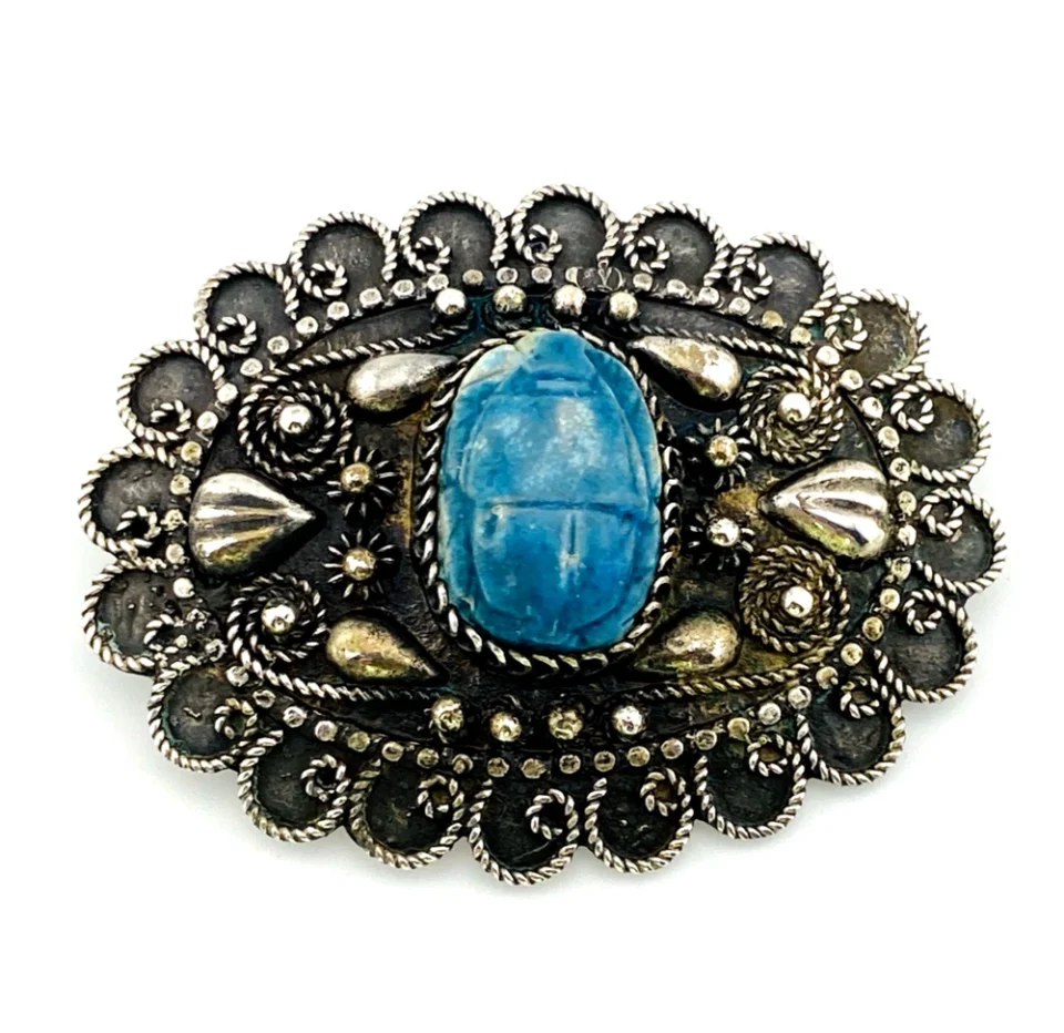 1950s Egyptian Faience Scarab Filigree Brooch in 800 Silver