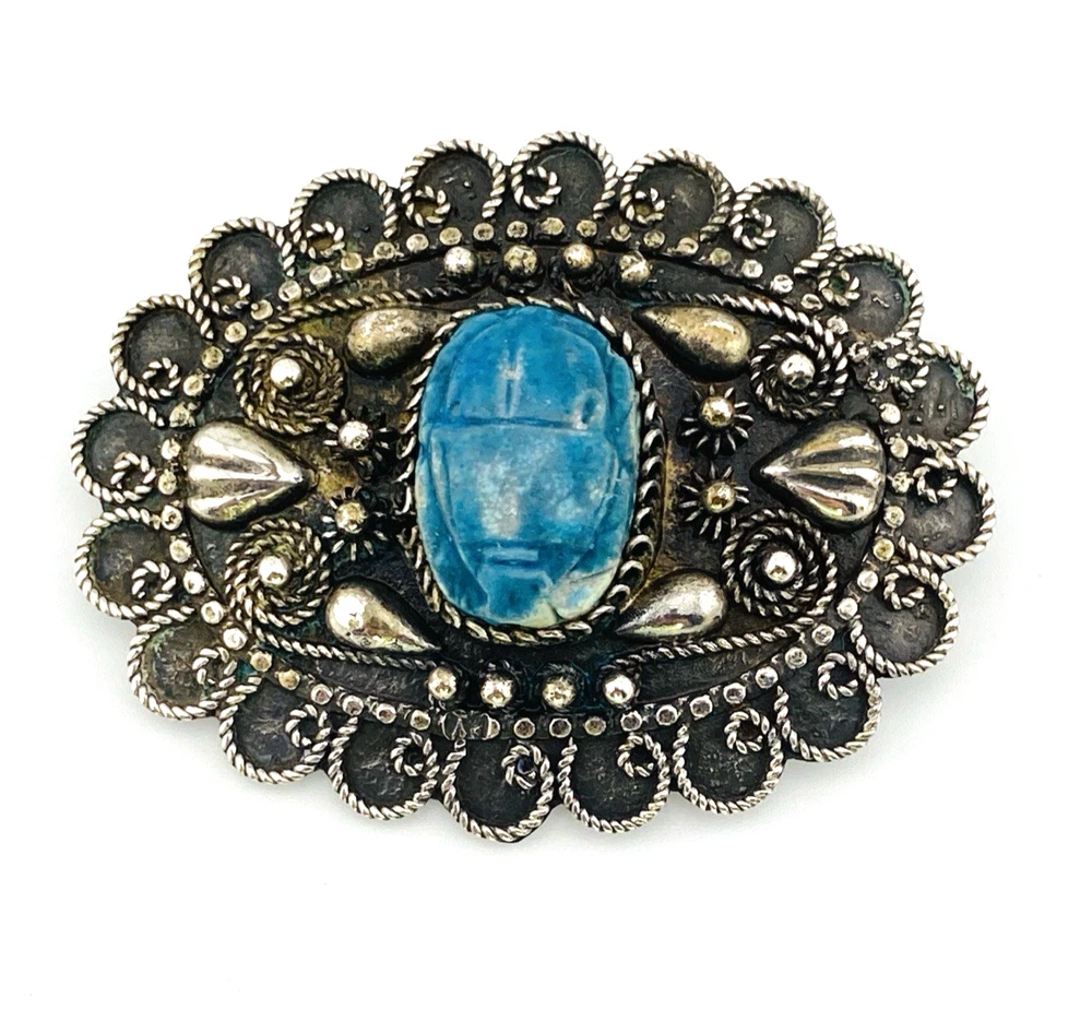 Blue faience scarab set in an ornate Egyptian 800 silver filigree brooch