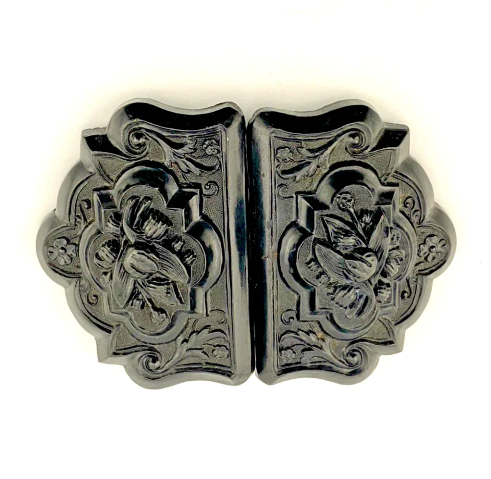 Antique Victorian Whitby Jet Lily of the Valley Sash Belt Buckle Carved